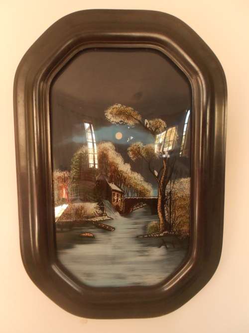 Vintage (1920's) Reverse Painting on Convex Glass, Beautiful Old Mill Scene, Black Frame, Gd Con