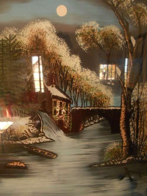 Vintage (1920's) Reverse Painting on Convex Glass, Beautiful Old Mill Scene, Black Frame, Gd Con
