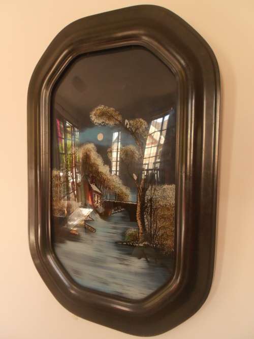 Vintage (1920's) Reverse Painting on Convex Glass, Beautiful Old Mill Scene, Black Frame, Gd Con