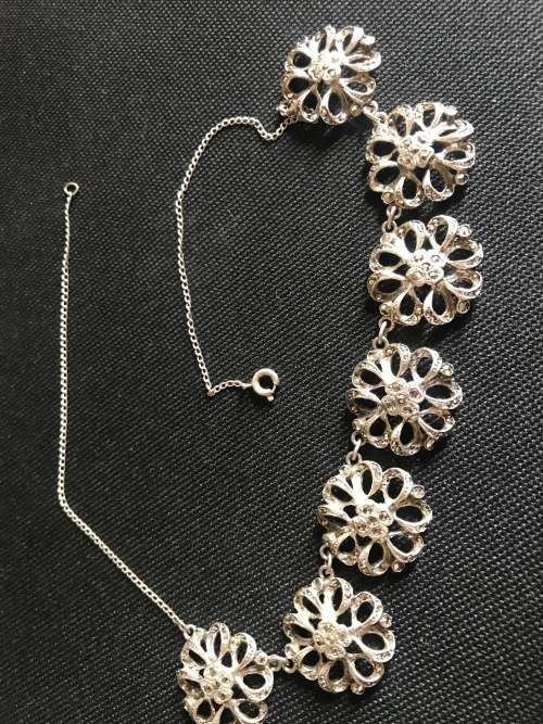 Beautiful Vintage 1940's Marcasite Necklace, Floral Design, 40cm Long, silver chain, Gd Con
