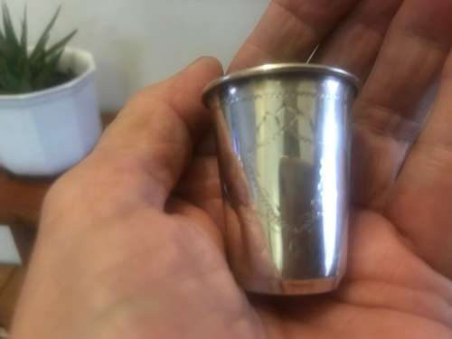 Set of 6 Kiddush Wine cups marked 84P : insides gilded, engraved, Judaica