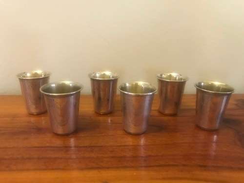 Set of 6 Kiddush Wine cups marked 84P : insides gilded, engraved, Judaica