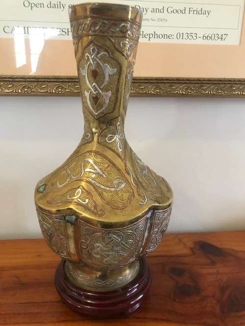 Antique Silver and Copper on Brass CAIRO WARE (Ethnic Eqyptian) Six-Sided Vase on Wooden Plinth