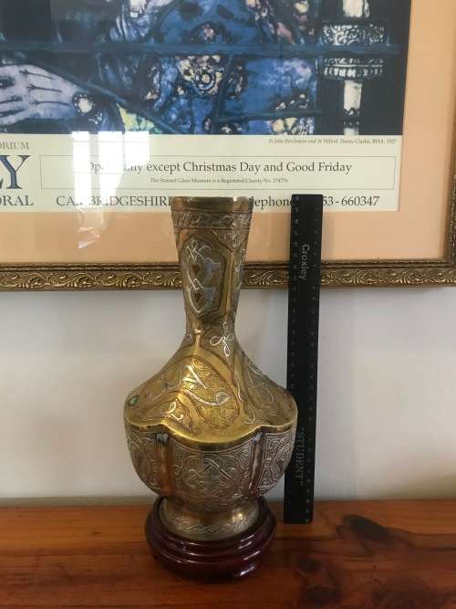 Antique Silver and Copper on Brass CAIRO WARE (Ethnic Eqyptian) Six-Sided Vase on Wooden Plinth
