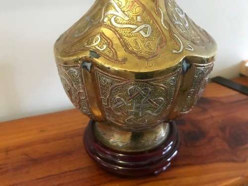 Antique Silver and Copper on Brass CAIRO WARE (Ethnic Eqyptian) Six-Sided Vase on Wooden Plinth
