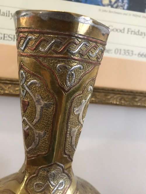 Antique Silver and Copper on Brass CAIRO WARE (Ethnic Eqyptian) Six-Sided Vase on Wooden Plinth