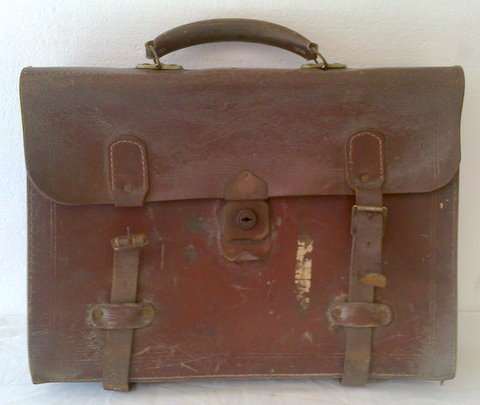 OLD LEATHER BRIEFCASE MISSING ONE STRAP VERY WELL USED STITCHING COMING LOOSE ON THE BOTTOM CORNERS