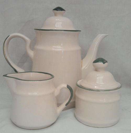 TEASET WITH GREEN TRIMMING (TEAPOT 20cm Milk jug 7.5cm Sugar pot 10.5cm)