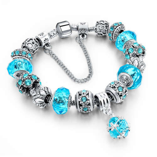 European Style Tibetan Silver Blue Crystal Charm Bracelets