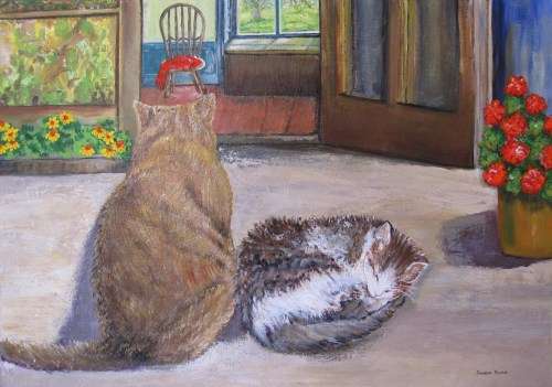 Cat buddies (594x420x18mm) acrylic painting by Doreen Fourie