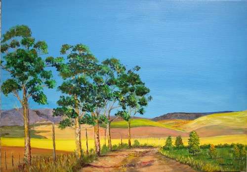 Gravel road and trees acrylic painting by Doreen Fourie (594x420x18mm)