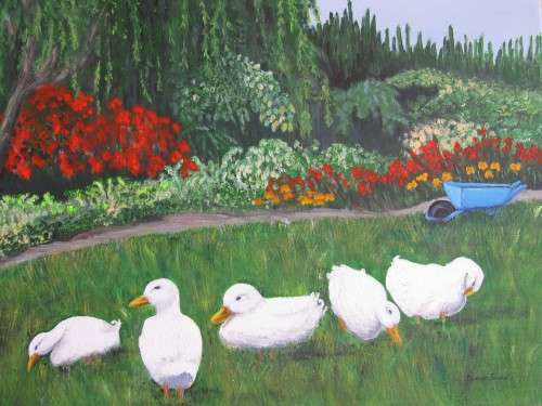 Ducks enjoying their morning stroll (594x420x18mm) acrylic painting by Doreen Fourie