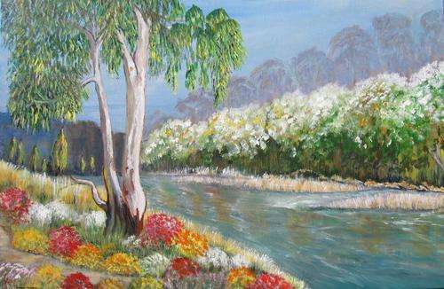 A bluegum tree next to a river (760x510x18mm) acrylic painting by Doreen Fourie
