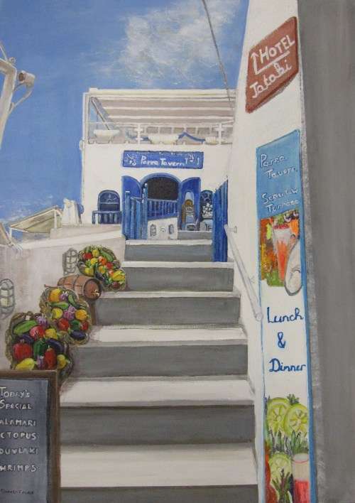 A scene at Santorini Greece (594x420x18mm) acrylic painting by Doreen Fourie