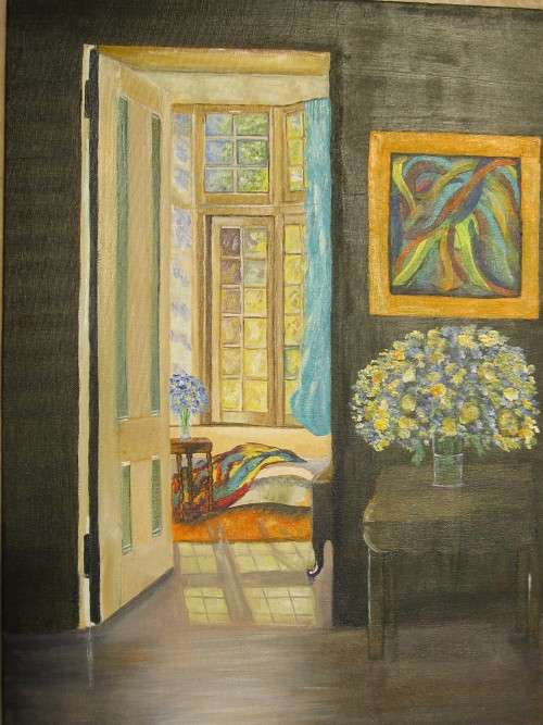 Sun peeping through the window into the room acrylic painting (592x420x18mm) by Doreen Fourie