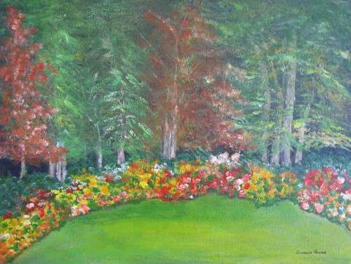 Original 300mmx400mm acrylic canvas on board painting of trees and flowers by Doreen Fourie