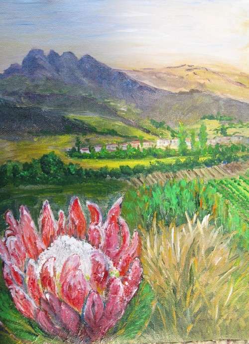 An original acrylic painting on a canvas sheet (220x300mm) by Doreen Fourie