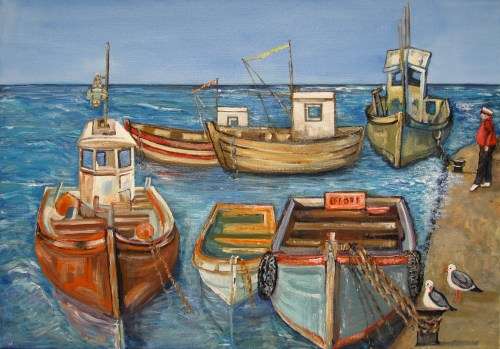 Boats in the harbour original acrylic painting (594x420x18mm) by Doreen Fourie