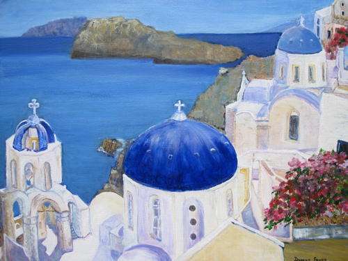 Santorini view of the island 450x350x18 acrylic canvas by Doreen Fourie