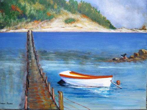 Boat on the lake 450x350x18 acrylic painting by Doreen Fourie