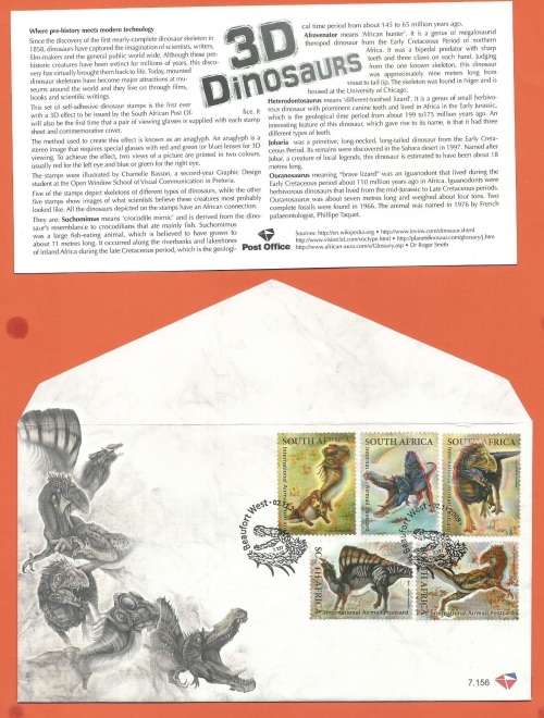 2009 RSA  3-D Dinosaurs - Commemorative Envelope with Stamps 7.156