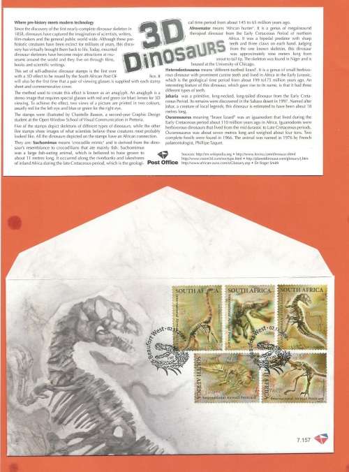 2009 RSA  3-D Dinosaurs - Commemorative Envelope with Stamps 7.157