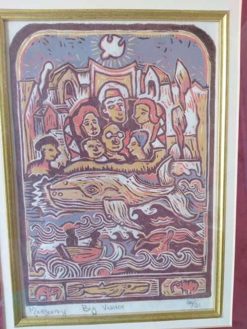 " Big Visitor" by Harold Mettler color lino