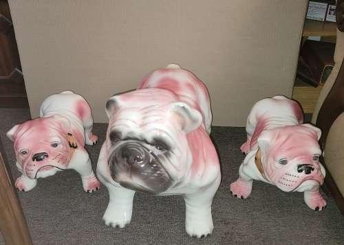 3 Large pink ceramic glazed bulldog set