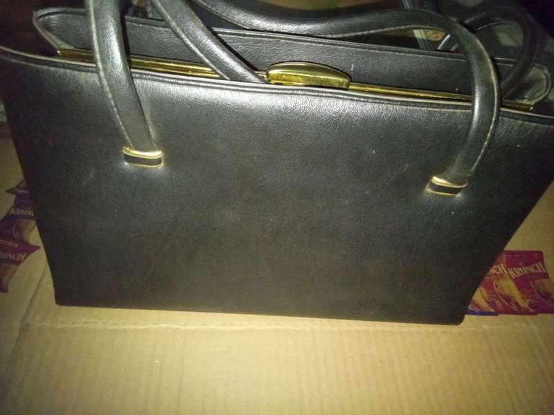 Vintage 1950s Black Everyday Handbag Large Synthetic Fabric Lining Side Pockets