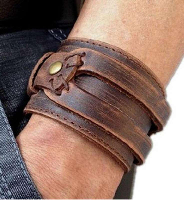 Antique Men`s Brown Leather Cuff Bracelet, Leather Wrist Band Wristband Handcrafted Jewelry