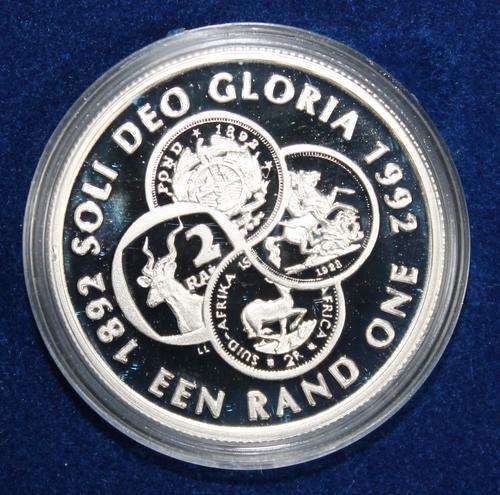 1892 - 1992 Soli Deo Gloria Silver R1 in SA Mint Box / SA Banking Centenary