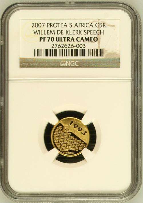 2007 F.W. De Klerk *** PF70UC *** Protea Gold 1/10th *** FINEST KNOWN!!!