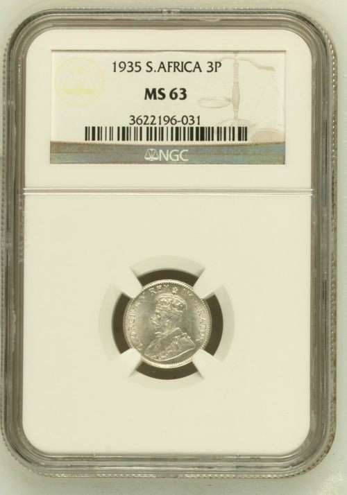 *** 1935 Tickey (3p) *** Union of SA *** NGC MS63 *** Key Date *** Very Hard Find ***