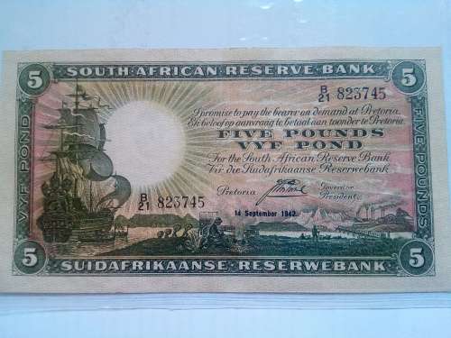 South African Five Rand Pounds Note 1942 (J Postmus)