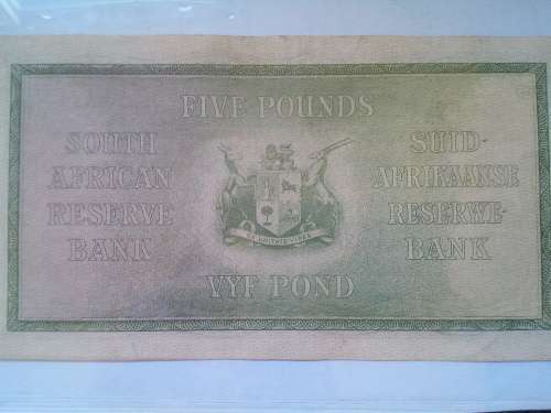 South African Five Rand Pounds Note 1942 (J Postmus)
