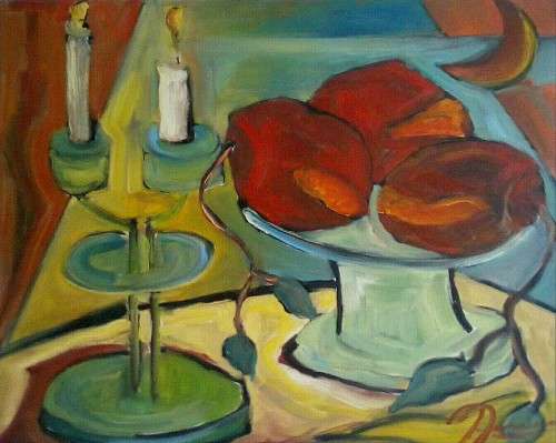 VERDIGRIS CANDLESTICK WITH BOWL OF POMEGRANATES