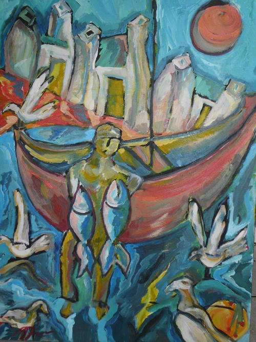 BEAUTIFUL ORIGINAL OIL PAINTING BY OVERBERG ARTIST ANDRE LOCH FOURIE - ARNISTON FISHERMAN