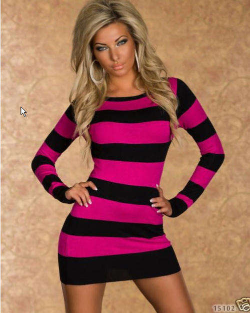 N101 sexy striped long blouse/dress, black & pink,,Free size, ize fit to size s/m, pink/black