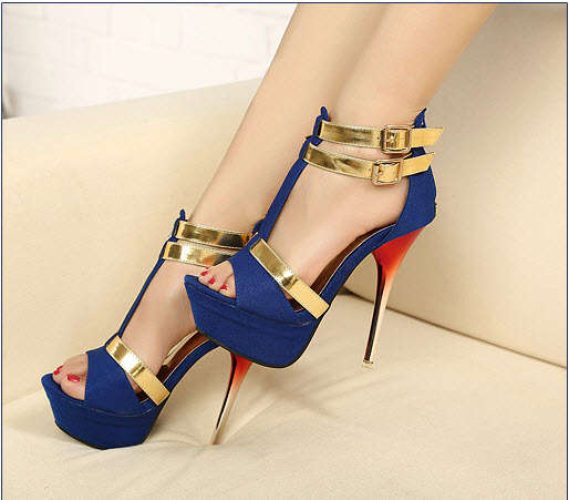 342s015 Sexy Majestic supper-high heel sandals, peek-open, size 2~6, blue/gold