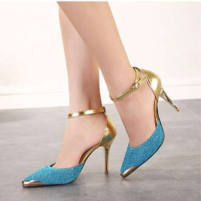 484s223 Korean style high heel pump w gold plat head,size 34-39, blue