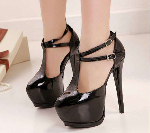 7483 Fashionable hot style t-type ankle pumps, double straps, size 35-41, black