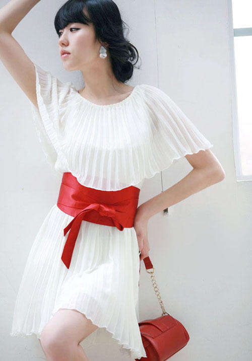 Snow white chiffon with big red ribbon belt