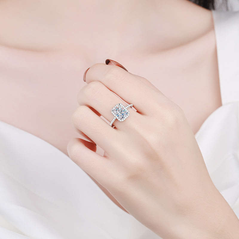 1ct 7x5mm D VVS1 Radiant Cut Moissanite Halo Ring | 18K White Gold Over 925 Sterling Silver