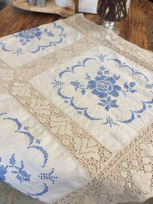 Vintage European Cross Stitch Table Cloth in Pristine Condition