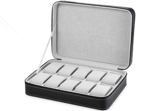 Watch Leather Case 10 Slots Zippered Watch Traveler's Box Black Watch Storage Case Organizer