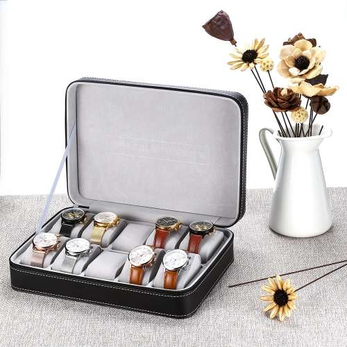 Watch Leather Case 10 Slots Zippered Watch Traveler's Box Black Watch Storage Case Organizer