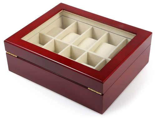 WATCH BOX 10 SLOT SOLID BROWN WOOD