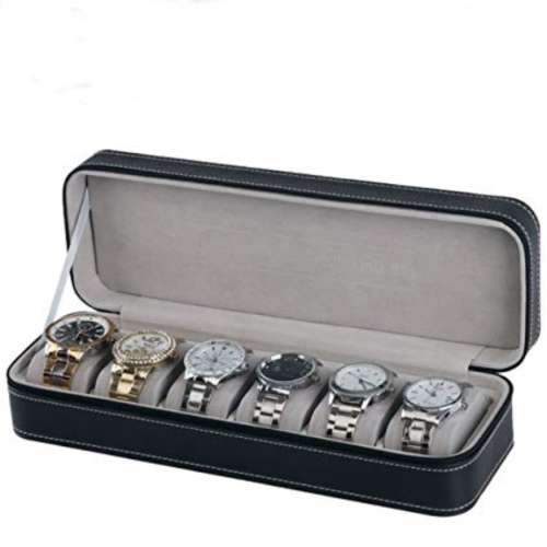 Watch Leather Case 6 Slots Zippered Watch Traveler's Box Black Watch Storage Case Organizer