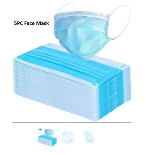 SURGICAL / HYGIENE / MEDICAL / PREVENTATIVE / 3 PLY / DISPOSABLE / HYPOALLERGENIC FACE MASK 5PC PACK