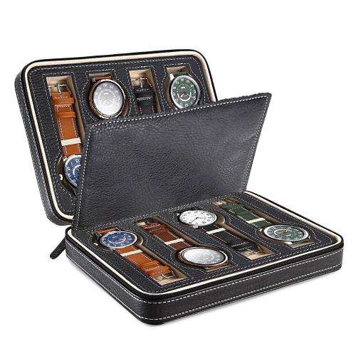 8 Slot Portable Watch Box Travel Case Storage Holder with Zipper Padded Divider -  BLACK COLOR